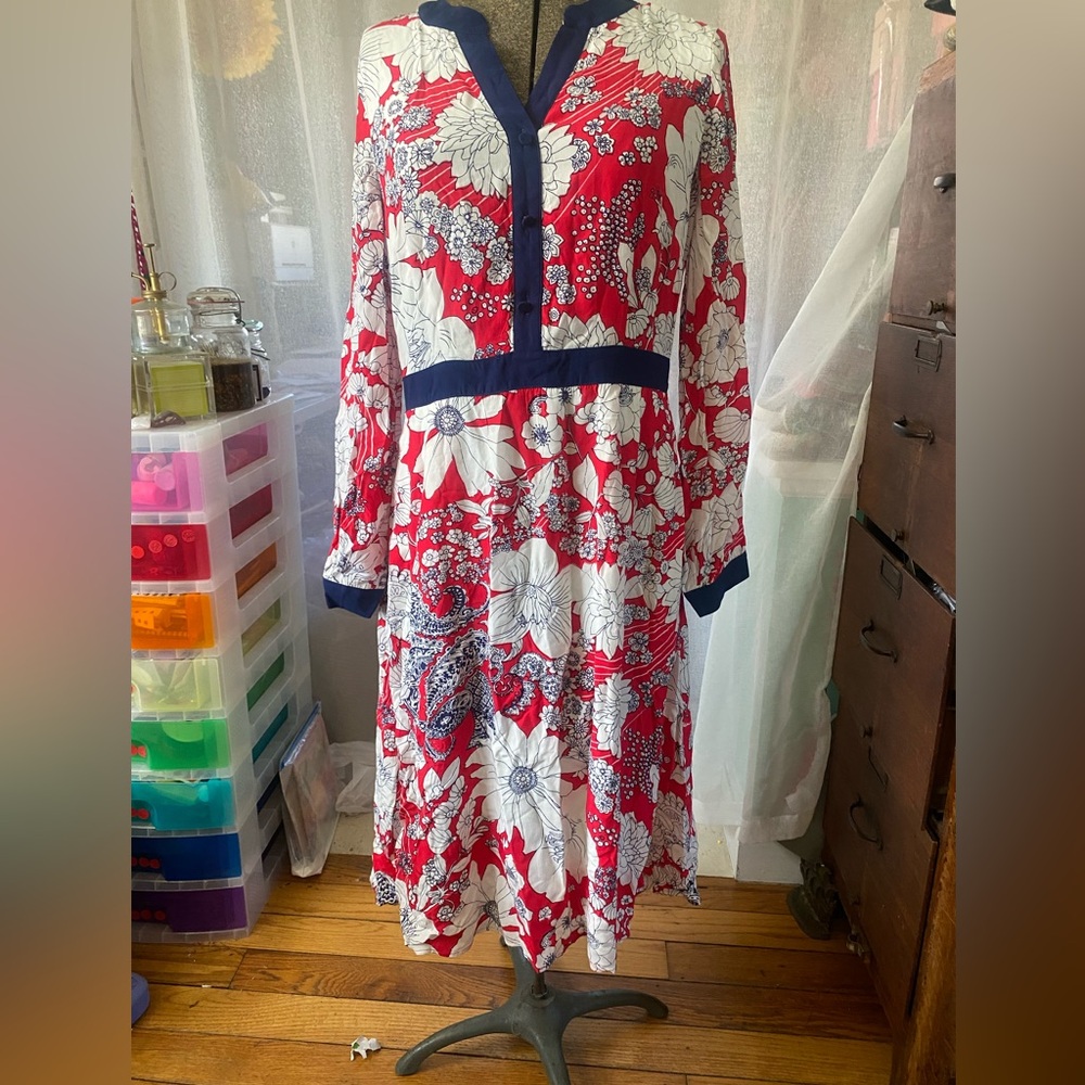 Talbots Red White Navy Paisley Floral Long-Sleeve Fit and Flare Midi Dress Sz 8